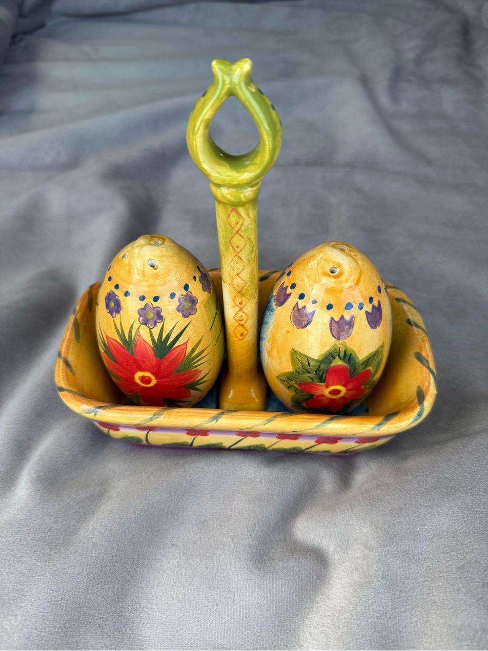 Tabletops Unlimited Fontana Hand Painted Egg Salt Pepper Shaker Set with Basket